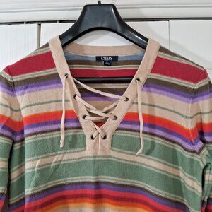 Chaps Colorful Stripe Lace Up V Neck Long Sleeve Sweater Women's